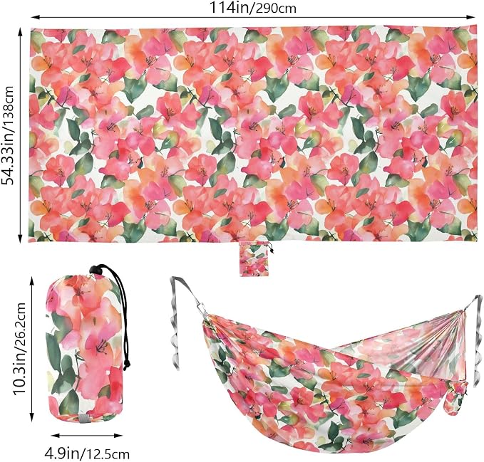 Camping Hammock Outdoor Hammocks for Outside Orange Bougainvillea Flowers Beach Trees Portable Lightweight with Pockets Tree Straps Indoor