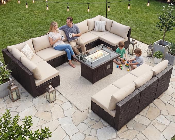 NICESOUL Modern Luxury Outdoor Patio Sectional Furniture Set with Fire Pit Table, Large Size PE Brown Wicker 29.3'' High Back Conversation Set with Natural Gas/Propane Fireplace, 11 Pieces 10 Seats