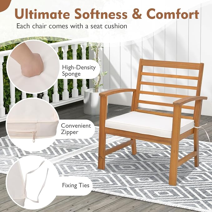 Tangkula 3 Pieces Outdoor Furniture Set, Acacia Wood Conversation Set with Soft Seat Cushions, Stable Acacia Wood Frame, Patio Sofa & Coffee Table Set for Backyard, Porch, Poolside (White)