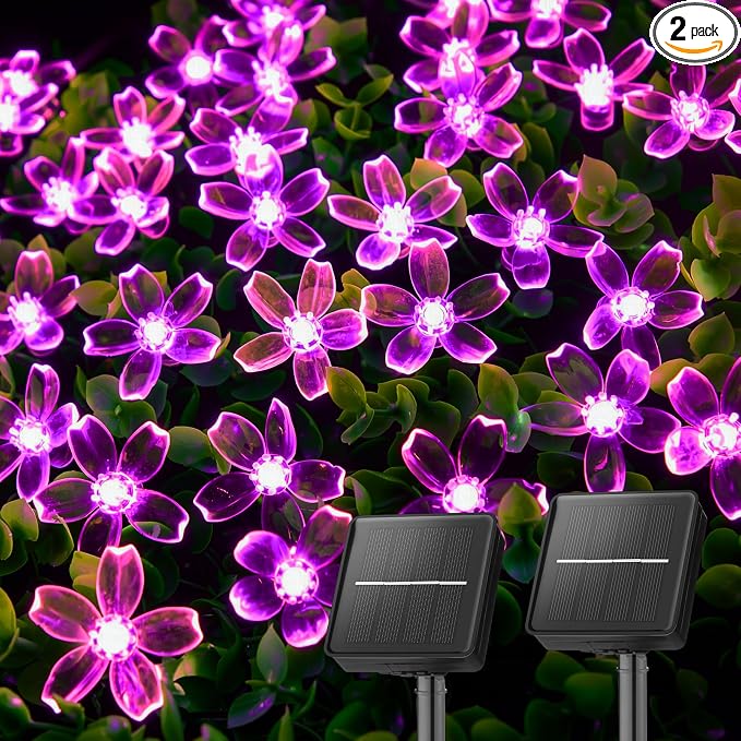 Brightown 2 Pack Total 52FT 120 LED Flower Solar String Lights Outdoor Waterproof Fairy Lights for Garden Yard Fence Patio Christmas Tree Wedding Party Decor, Pink