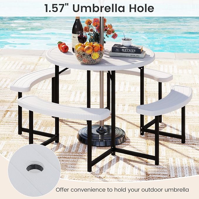 LDAILY Picnic Tables with Benches, Round Picnic Dining Table with 1520 lbs Capacity Metal Frame, HDPE Tabletop & Umbrella Hole, 8-Person Plastic Picnic Tables for Outdoors, Patio, Lawn, Yard (White)