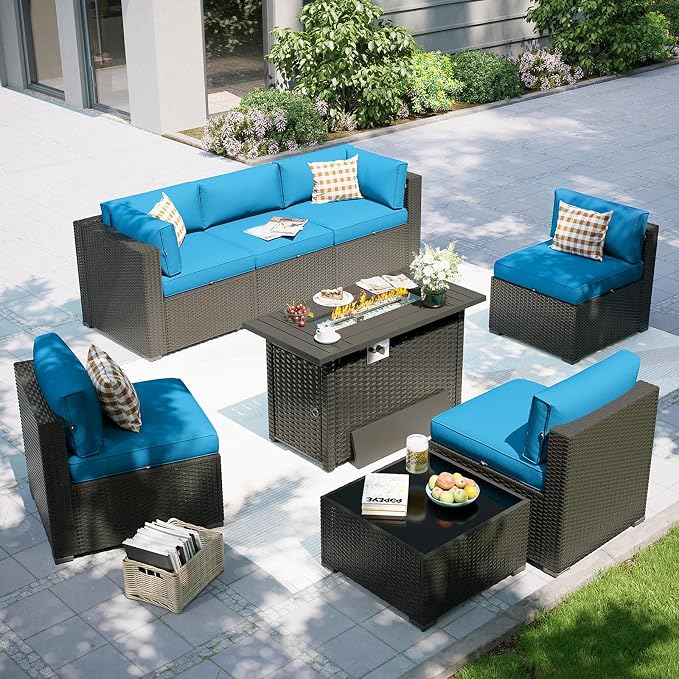 Aoxun Patio Furniture Set with Fire Pit Table, 8 Piece Outdoor Sectional Sofas, Wicker Rattan Outdoor Furniture with Thickened Cushion for Backyard, Garden Peacock Blue