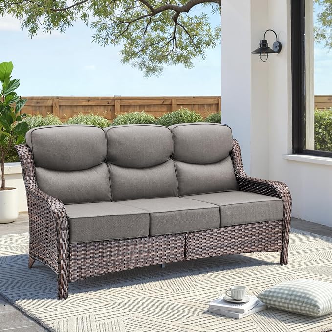 Luxury Outdoor Patio Furniture Set-Wicker High Backrest 3-Seat Patio Sofa with Comfy 6" Cushion, Rattan Couch with Deep Seat All-Weather Patio Conversation Set for Deck Backyard Garden(Brown/Gray)