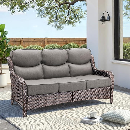 Luxury Outdoor Patio Furniture Set-Wicker High Backrest 3-Seat Patio Sofa with Comfy 6" Cushion, Rattan Couch with Deep Seat All-Weather Patio Conversation Set for Deck Backyard Garden(Brown/Gray)