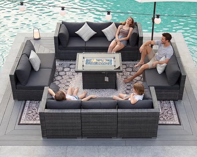 BULEXYARD 11 Piece High Back Outdoor Patio Set with Firepit, Extra Large Backyard Furniture Sectional Couch 10-Seater Modular, XL Big Wide Deep Outside Seating Area for Exterior, Dark Grey