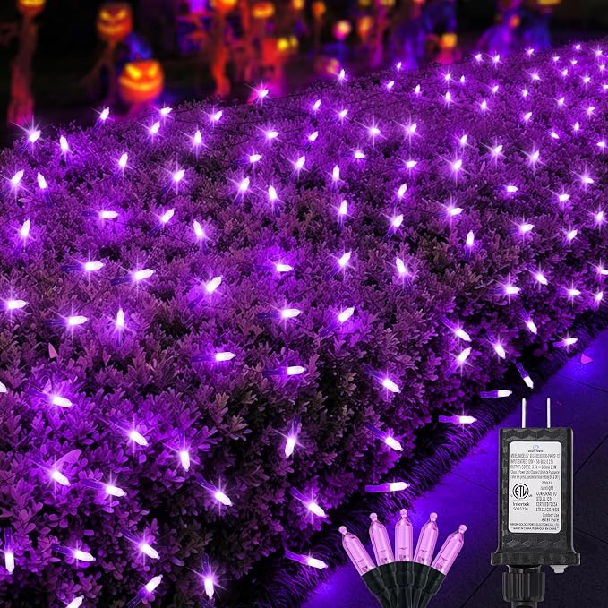 120LED Halloween Net Lights Outdoor, 5ft x 6ft Connectable Mesh Lights, 8 Modes 3.5V Low Voltage Waterproof Bush Lights for Trees, Bushes, Wedding, Party Decor (Purple, 1Pack)