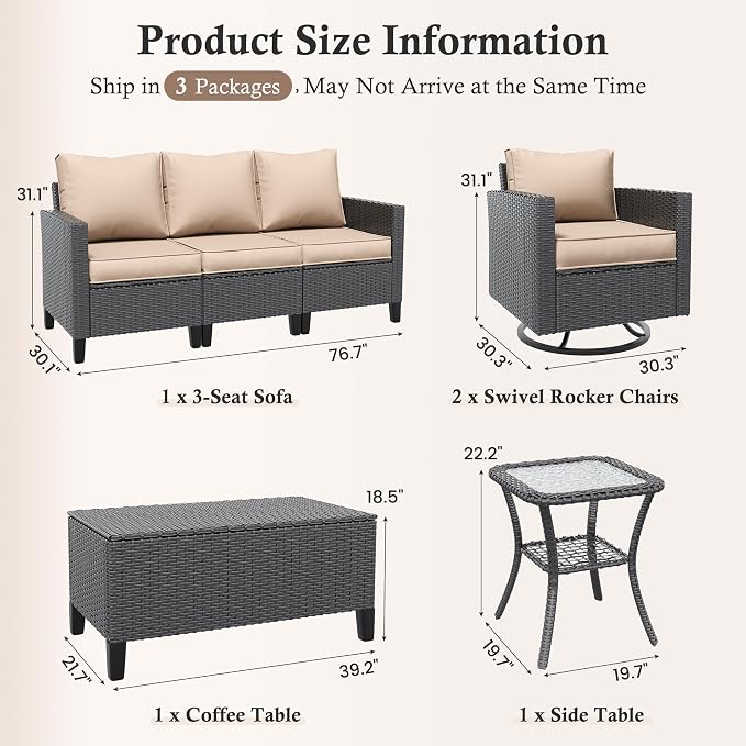 Amopatio Patio Furniture Set, Wicker Outdoor Sectional Sofa with Swivel Rocker Chairs, All-Weather Rattan Conversation Set, Storage Coffee Table, Waterproof Cover for Backyard,Deck Black/Khak 5 PCS