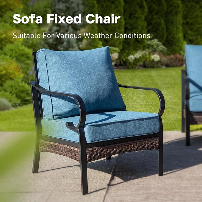 SUNSHINE VALLEY 6 Piece Metal Outdoor Patio Furniture Sets with Firepit Table, Patio Conversation Sets 1 3-Seater Sofa, 4 Single Sofa with 5.75" Extra Cushion Backyard Furniture for Deck, Denim Blue