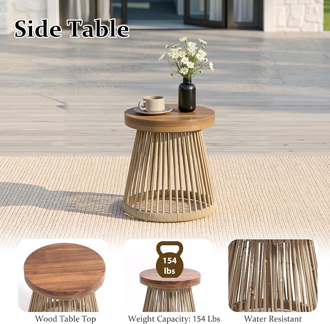 Outdoor Patio Furniture Set, 3 Pieces Outdoor Swivel Chairs with Coffee Table and Thick Cushion, Pe Wicker Rope Furniture Set for Entertaining, Balcony, Garden, Poolside, Khaki
