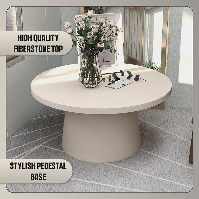LeisureMod Minimalist Grey Side Table with Pedestal Base – Round Fiberstone Accent Table for Living Room, Outdoor, or Patio Use, Dune Series
