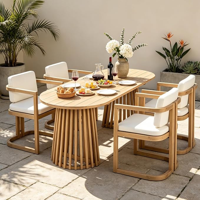 Christopher Knight Home Evana Acacia Wood Dining Table Set for 4, Solid Wood Outdoor Dining Set for 4, Modern Oval Patio Dining Table and Chair Set with Cushions, Brown + Light Teak + Beige