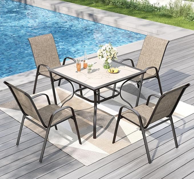 PHI VILLA 37" Patio Table for 4, Metal Dining Table with Carbon Crystal Tabletop, All Weather Wrought Iron Outdoor Furniture for Deck, Backyard, Porch