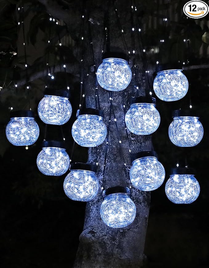 Solar Lights Outdoor Waterproof 12-Pack, Solar Powered Hanging Lantern Cracked Glass Hanging Globes for Yard Decor Christmas Decoration, Shepherd Hook, Garden Tree Ornaments, Cold White