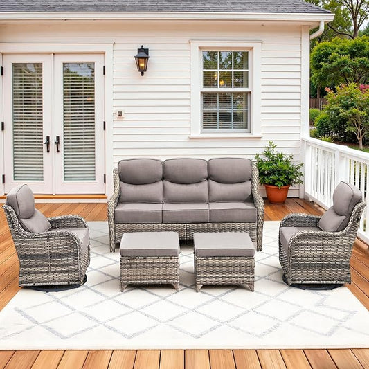 Luxury High Back Patio Furniture Set with 6-Inch Thick Cushions, 5-Pieces Outdoor Furniture with Swivel Chairs, Wicker Conversation Set for Porch, Balcony, Deck and Yard, Grey