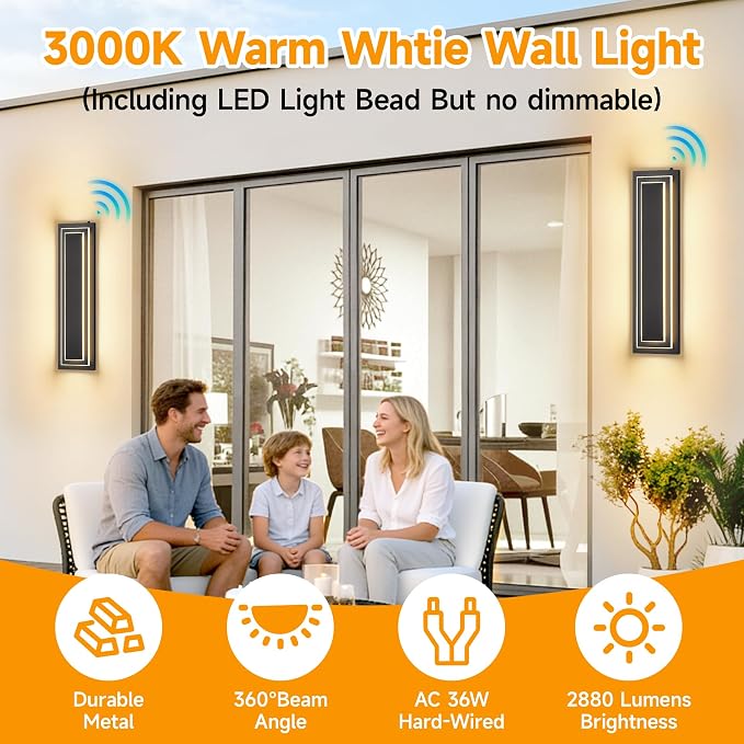 23.6 in Dusk to Dawn Outdoor Wall Sconce, Black Outdoor Wall Light | 2-Tier Black Modern LED Lights For House Exterior,Garage,Hallway,Patio,Waterproof,36W 3000K Warm White LED, 1 Pack