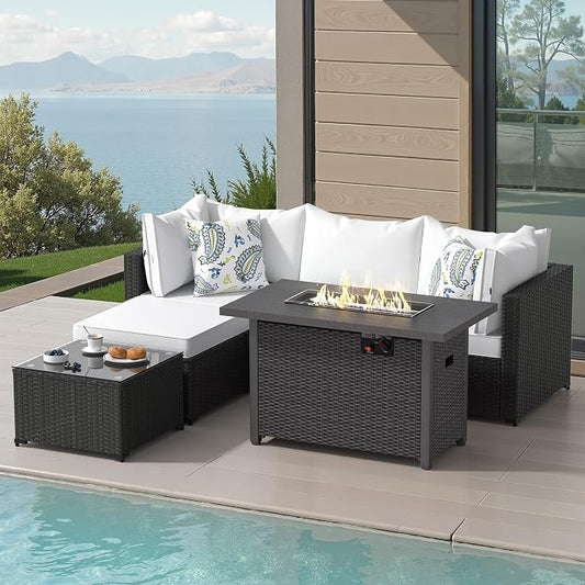 Patio Furniture Set, 6PCS Patio Sectional w/ Fire Pit Tabel Ottoman Wicker Rattan Outdoor Furniture with Thickened Cushion Modular Wicker Patio Conversation Set with Glass Top Table for Balcony(White)