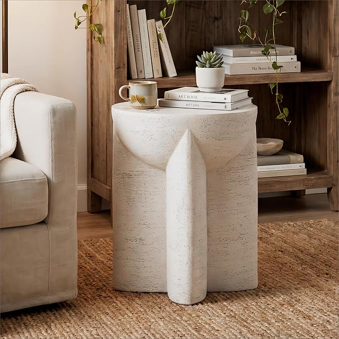 HOMPUS Outdoor Side Table Round, Lightweight Concrete End Table w Corss Base, Patio Accent MgO Coffee Table, Stone Garden Tool for Patio, Porch and Deck, Antique Beige