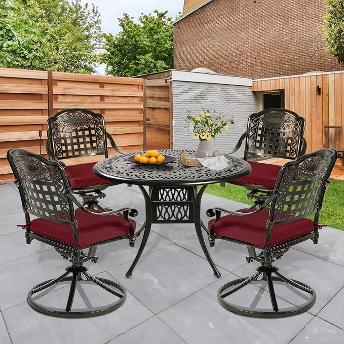 5 Piece Patio Dining Set, Outdoor Table and Chairs Set for 4 Cushioned Swivel Rocking Chairs and 35.4'' Round Table, All-Weather Cast Aluminum Patio Funiture Set, 2'' Umbrella Hole, Red