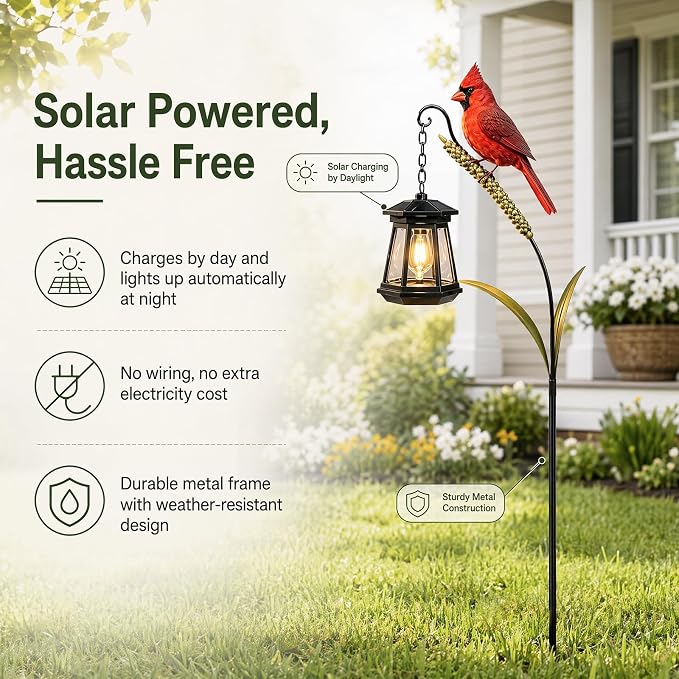 Cardinal Solar Light—A Beautiful Garden Light that Feels Full of Life | Outdoor Stake Yard Decor, Red Bird Lantern, Gift for Mom, Warm Glow Lantern for Patio Lawn Porch Pathway Yard Gardening Gift