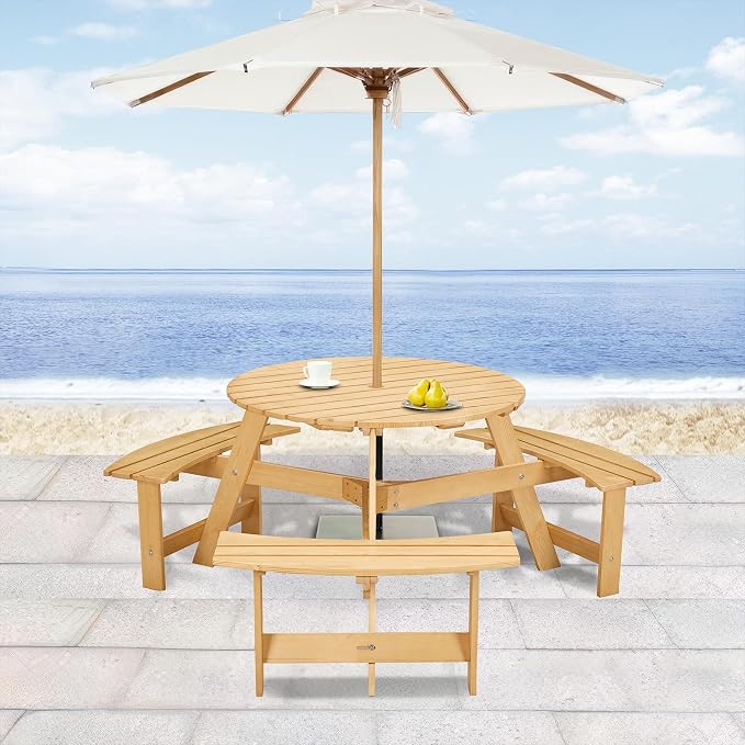 JOYBASE 6-Person Wooden Picnic Table, Outdoor Round Table with Built-in Benches and Umbrella Hole, Picnic Table Bench Set for Patio, Backyard, Garden (Natural)