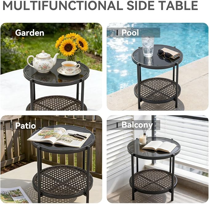 Outdoor Rattan Coffee Table - Patio Wicker End Table with Extra Storage Shelf, Rattan Outdoor Side Table with Round Glass Tabletop for Garden, Backyard, Porch, Black Gold