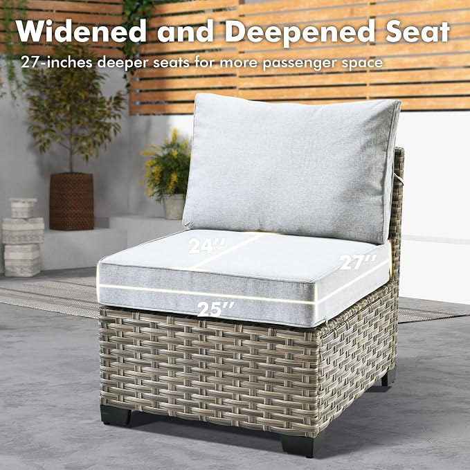 Weaxty 7 Pieces Wide Seats Outdoor Furniture Set, L Shape Sectional Couch Ottoman Fire Pit Solar Table, Thick Cushion All-Weather Rattan Patio Conversation Sets for Backyard Porch Deck, Grey