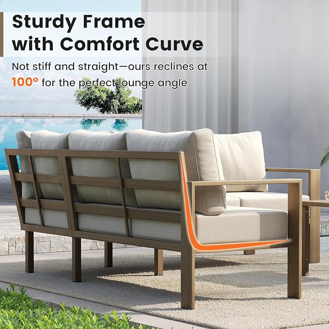 UDPATIO 6 Piece Patio Furniture Set, Metal Outdoor Sectional Sofa with 6" Thick Olefin Cushions, Wide Armrest & Coffee Table, L Shaped Outdoor Furniture for Garden, Backyard, Faux Wood Grain & Beige