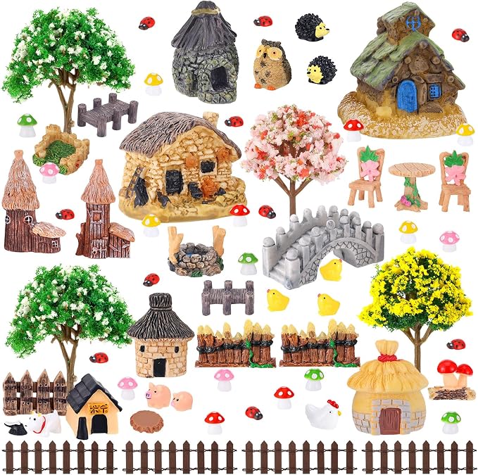 60 PCS Mini Fairy Garden Accessories Kit Miniature House Decor | Mini Fairy Figurines Outdoor DIY Micro Landscape Ornaments for Terrarium Dollhouse Succulent Craft