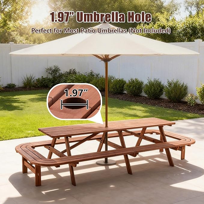 Hohuqeri Picnic Table Bench Set for 16 Persons, 8FT Large Camping Table, Wood Outdoor Dining Beer Table Set with 2” Umbrella Hole for Patio Lawn Garden (Brown)