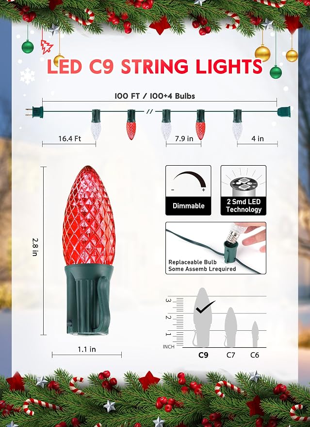 Brightown C9 Christmas String Lights Outdoor Led Fairy Lights Faceted Strawberry Lights Extendable UL Certified for Party Holiday Wedding Christmas Indoor Outdoor Decor
