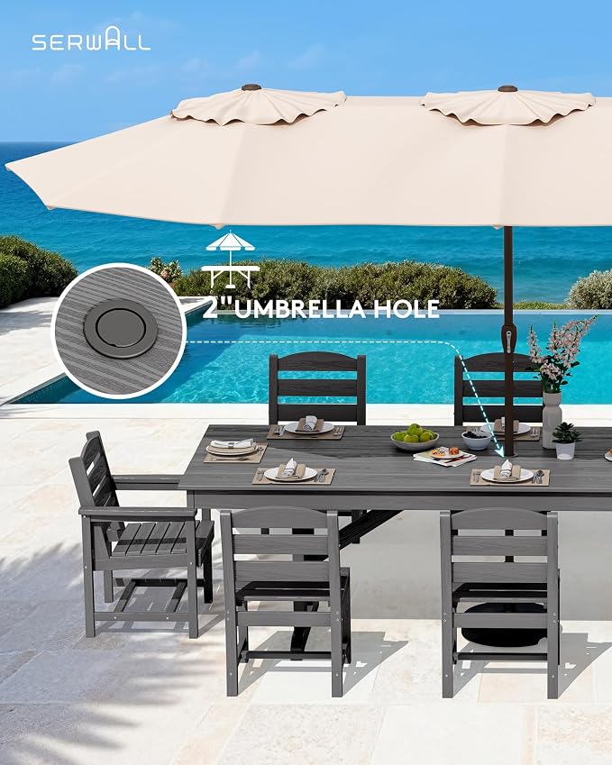 SERWALL 9 Piece Outdoor Dining Set, 84" HDPE Outdoor Table with 6 Armless Chairs and 2 Armchairs ，All Weather Patio Dining Furniture Set with Umbrella Hole for Backyard, Garden, Gray