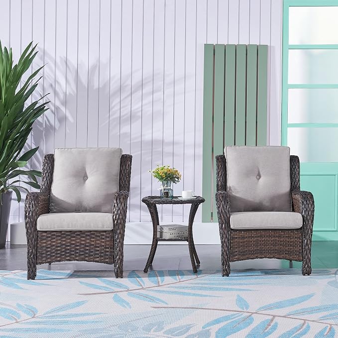 Rilyson Patio Bistro Set Wicker Chairs - 3 Piece Outdoor Rattan Conversation Set with 2 Armrest Chair and 1 Side Table for Proch Deck Garden Backyard Balcony(Brown/Grey)