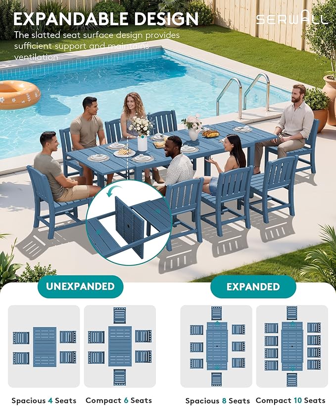 SERWALL Outdoor Patio Dining Set for 8, Blue | 60" - 83" Expandable Outdoor Dining Table and 8 HDPE Chairs, All Weather Material Outdoor Furniture Set Backyard, Garden