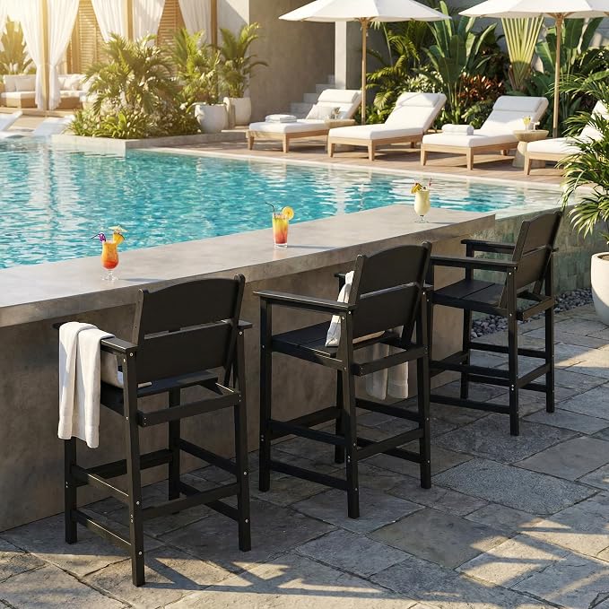 4 Pack HDPE Outdoor Bar Height Chairs, 28.5" All-Weather Patio Stools with Comfortable Armrests, Heavy-Duty Poly Wood High Top Seating for Outdoor Kitchen/Garden/Fire Pit/Backyard, Black