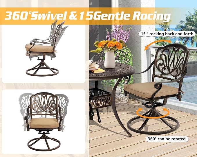 TITIMO 5-Piece Outdoor Patio Dining Set, All-Weather Cast Aluminum Furniture Patio Conversation Set 4 Swivel Chairs and 35.4" Table w/Cushions and Umbrella Hole for Backyard Garden Deck (Khaki)