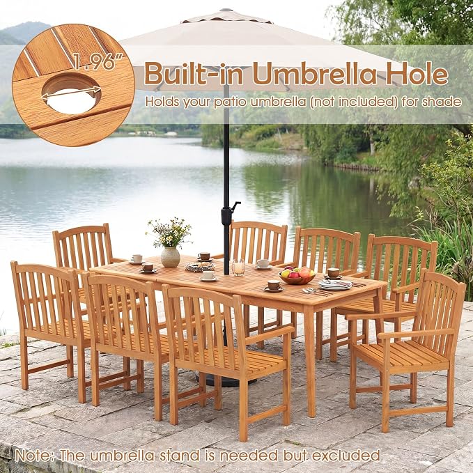 RELAX4LIFE Wooden Outdoor Dining Table for 8, 80" Rectangular Acacia Wood Slatted Patio Table w/Umbrella Hole, Indoor Outdoor Bistro Table for Backyard Porch Garden Deck, 8-Person Patio Dining Table