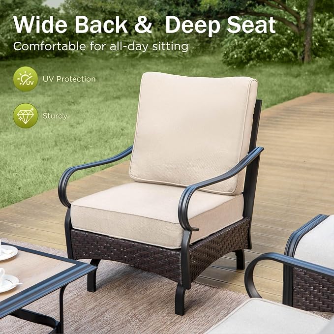 PHI VILLA Extra Large Outdoor Modern Patio Furniture Set, Upgraded Wicker & Metal Patio Conversation Set with Waterproof Thick Cushions for Porch, Poolside, Yard(7 Pieces,Beige)