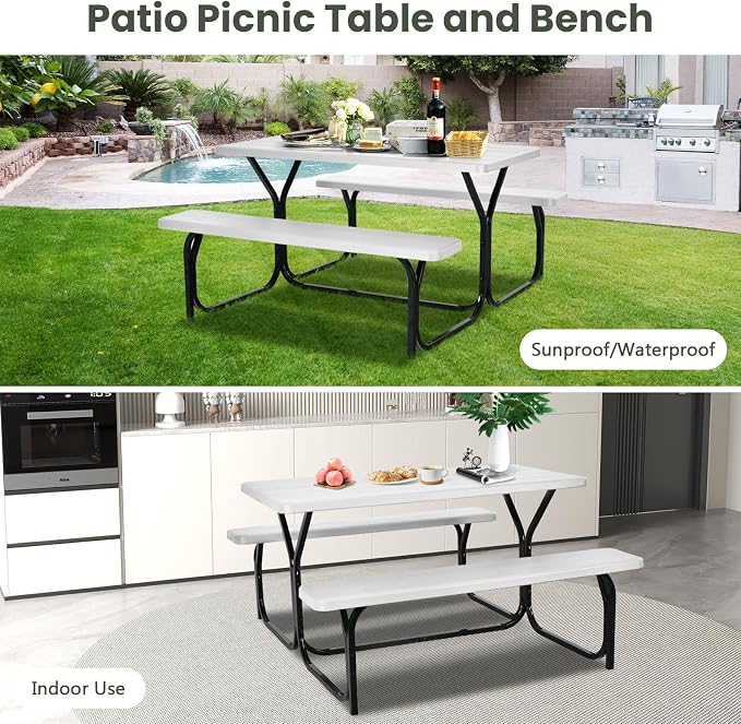 Picnic Table, Camping Portable Picnic Table Bench Set for 4 Persons, Heavy-Duty Steel Frame & Resin Tabletop, All Weather Outdoor Picnic Tables for Patio Travel BBQ Party Garden (White)