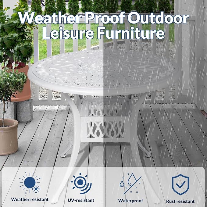 35.4 Inch Outdoor Dining Table Round Patio Table Bronze Cast Aluminum Rustic Large Table with Umbrella Hole, White