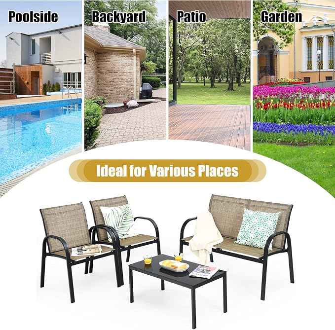 DORTALA 4 Piece Outdoor Furniture Set, Patio Conversation Set with Loveseat, 2 Single Chairs, Patio Sofa Garden Sofa Set with Steel Frame, Ideal for Balcony,Poolside, Brown