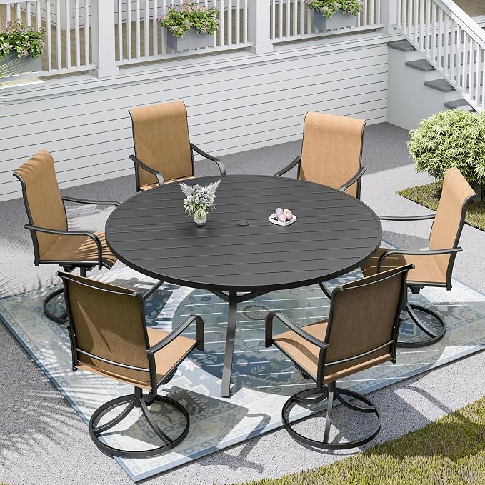 58" Patio Table and Chairs Set,6-Pieces Outdoor Swivel Dining Chairs,Black Round Metal Table with Umbrella Hole,Outside Furniture Set for Patio,Deck,Porch,Backyard