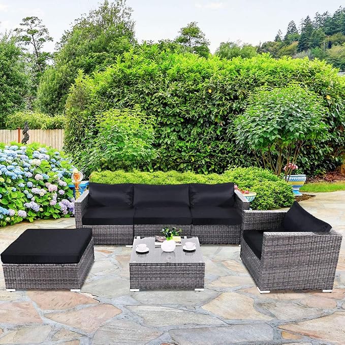 Tangkula Patio Furniture Set 6 Piece Outdoor Lawn Backyard Poolside All Weather PE Wicker Rattan Steel Frame Sectional Cushioned Seat Sofa Conversation Set (Gradient Gray with Black Cushion Cover)