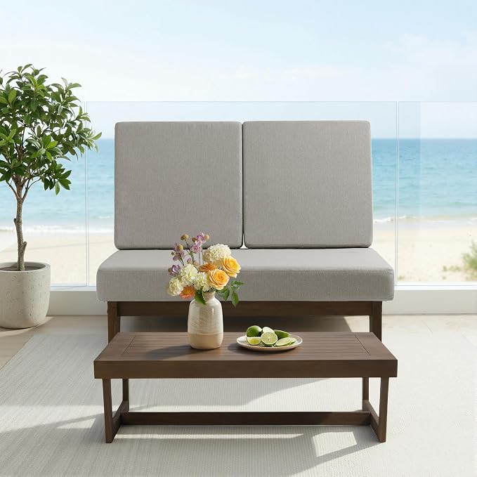 All Weather Patio Furniture Sets, 4 Pieces Teak Wood Outdoor Sectional Futniture Patio Sofa Chair Backyard Conversation Set with Solid Wooden Coffee Table - Light Camel