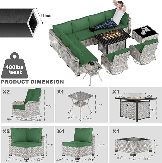 11-Piece Patio Furniture Set, Outdoor Patio Furniture with 55,000 BTU Fire Pit Table, Swivel Chairs Set, Thick Cushions, Modular Patio Sofa, Dual-Strand Wicker Rattan, Rust-Resistant Frame, Dark Green