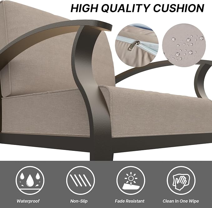 Gotland 8 Seats Outdoor Metal Patio Furniture Set with 55,000 BTU Gas Fire Pit Table w/Glass Wind Guard Patio Conversation Sectional Sofa Sets-Khaki