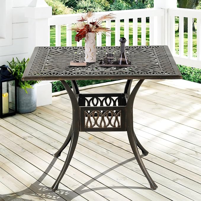 35.4in Square Cast Aluminum Patio Bistro Table, Outdoor Dining Table with 2" Umbrella Hole, Weather-Resistant Table for Porch, Backyard, Garden, Balcony, Bronze (35.4" Square Table)