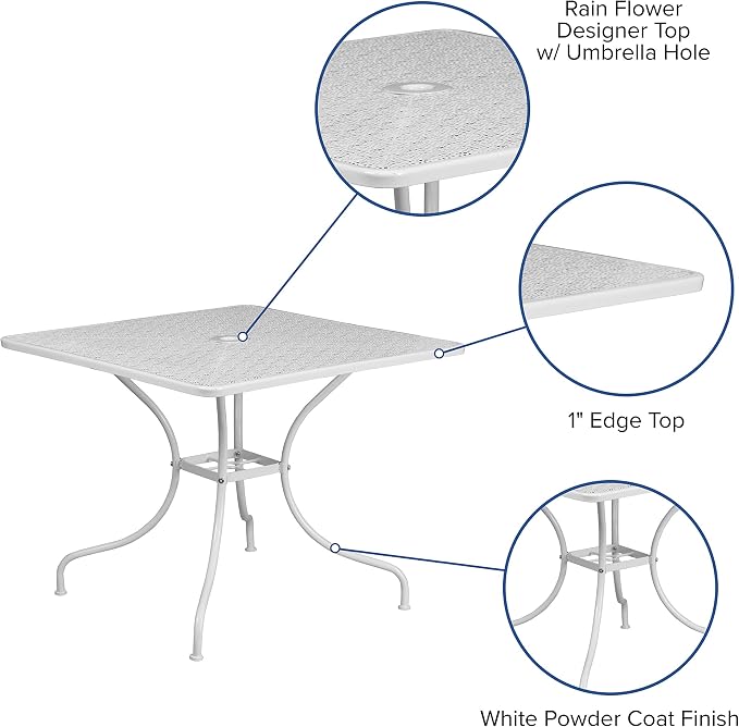 BizChair Commercial Grade 35.5" Square White Indoor-Outdoor Steel Patio Table with Umbrella Hole