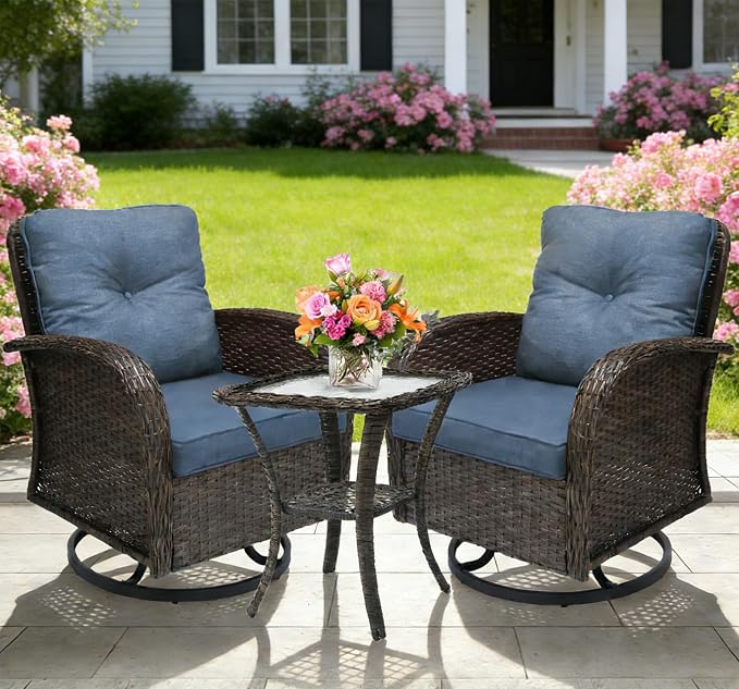 YLGJ&TIDY Outdoor Furniture Swivel Rocker Chairs 3PC Bistro Set 2 Brown Wicker Patio Glider Armchairs with Side Table Cushions Rocking Sofa for Porch Balcony Backyard Deck (Blue, 3PCS Swivel/Table)
