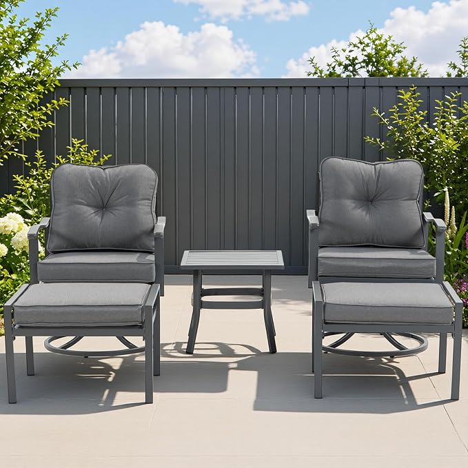 Patio Furniture Set, 5 Pieces Outdoor Patio Furniture Sets,Outdoor Metal Conversation Set Sofas with 2 Swivel Chairs,2 footstools,1 Side Table,Wrought Iron with Cushion