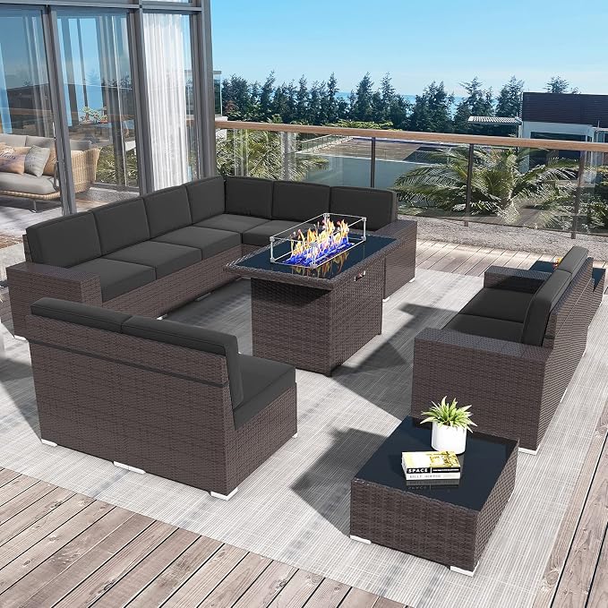 13 Pieces Patio Furniture Set with 44" Propane Gas Fire Pit Table, Outdoor Sectional Brown Rattan Wicker Conversation Sofa Sets with Coffee Table